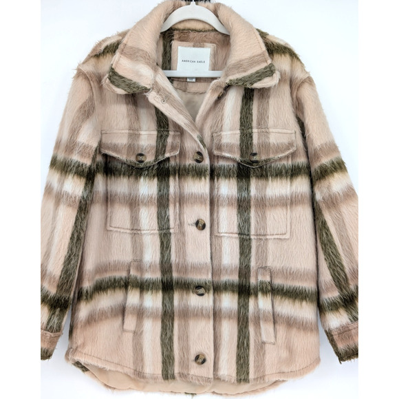 American Eagle Womens Cream Fuzzy Plaid Chore Shacket Gorpcore Outdoor Small - Picture 4 of 10